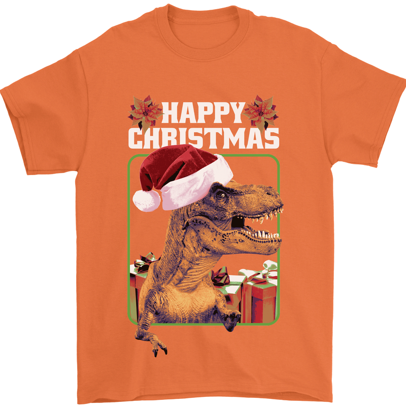 Christmas T-Rex Funny Dinosaur Mens T-Shirt 100% Cotton Orange