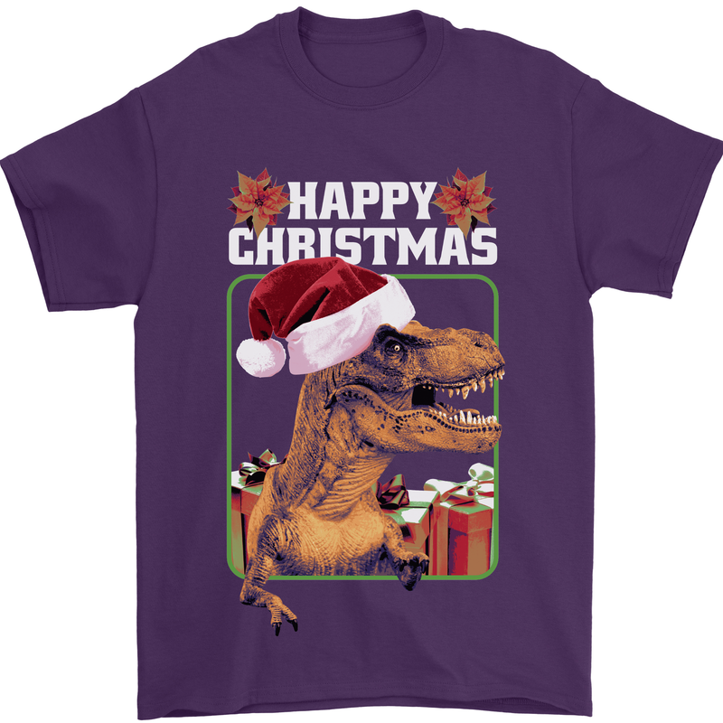 Christmas T-Rex Funny Dinosaur Mens T-Shirt 100% Cotton Purple