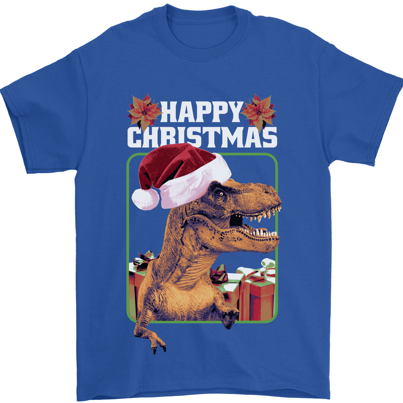Christmas T-Rex Funny Dinosaur Mens T-Shirt 100% Cotton Royal Blue