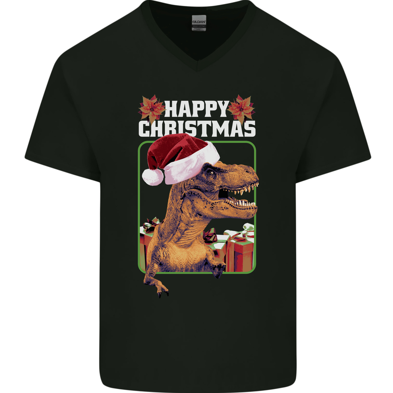 Christmas T-Rex Funny Dinosaur Mens V-Neck Cotton T-Shirt Black