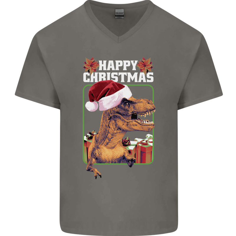 Christmas T-Rex Funny Dinosaur Mens V-Neck Cotton T-Shirt Charcoal