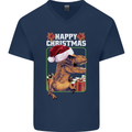 Christmas T-Rex Funny Dinosaur Mens V-Neck Cotton T-Shirt Navy Blue