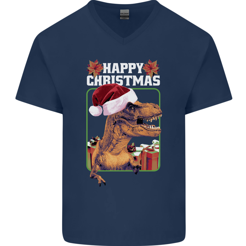 Christmas T-Rex Funny Dinosaur Mens V-Neck Cotton T-Shirt Navy Blue