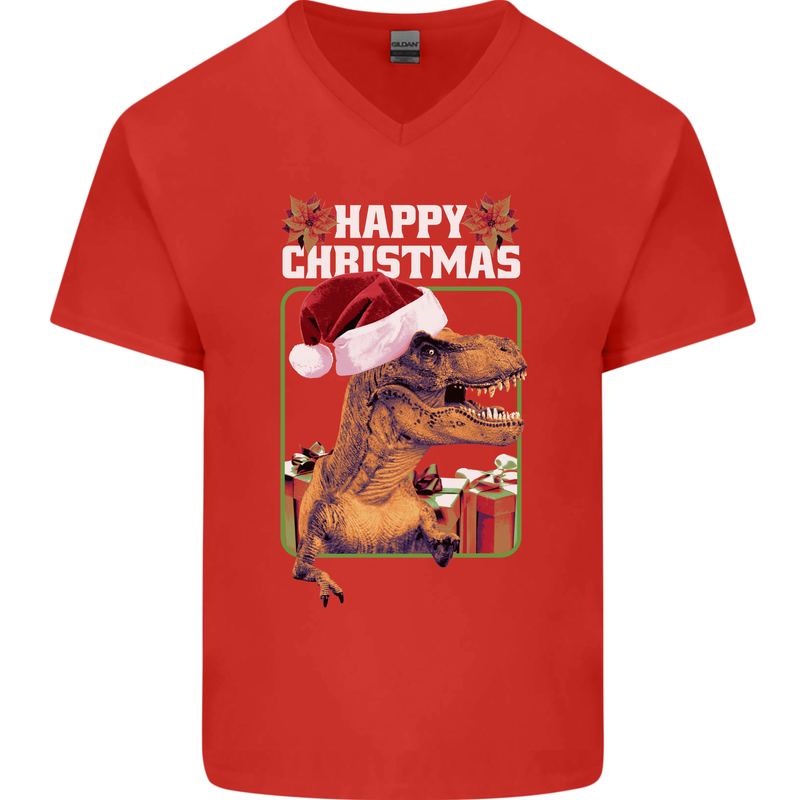 Christmas T-Rex Funny Dinosaur Mens V-Neck Cotton T-Shirt Red