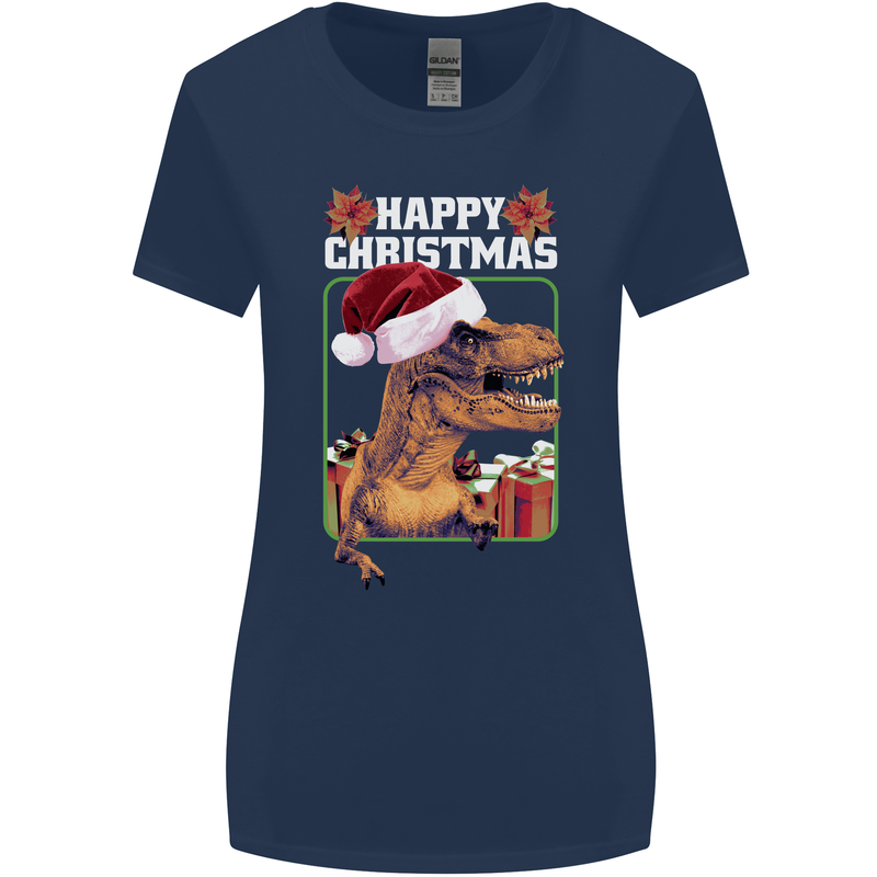 Christmas T-Rex Funny Dinosaur Womens Wider Cut T-Shirt Navy Blue