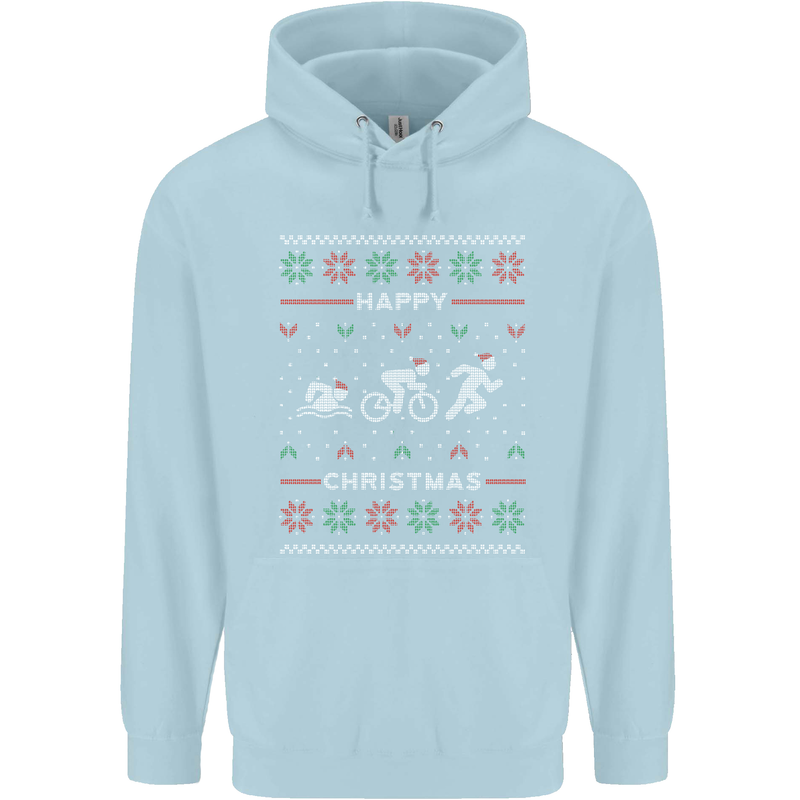 Christmas Triathlon Funny Fitness Gym Childrens Kids Hoodie Light Blue