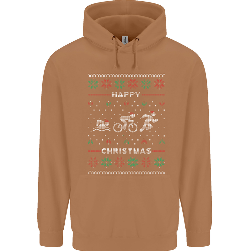Christmas Triathlon Funny Fitness Gym Mens 80% Cotton Hoodie Caramel Latte