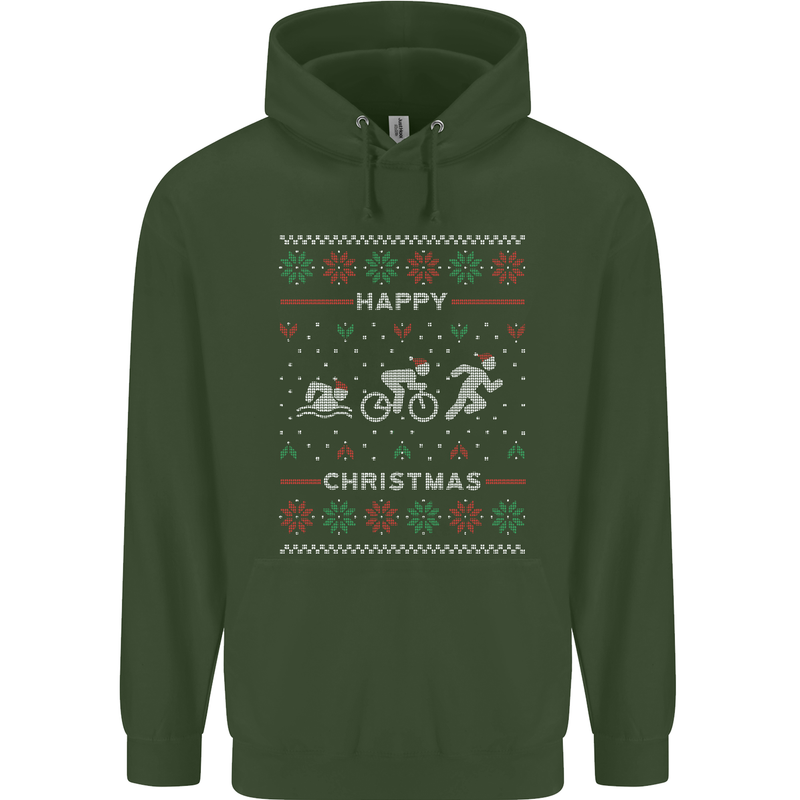 Christmas Triathlon Funny Fitness Gym Mens 80% Cotton Hoodie Forest Green