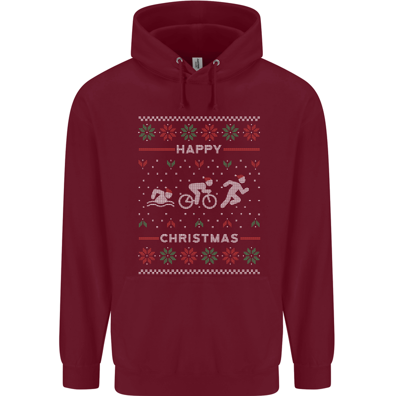 Christmas Triathlon Funny Fitness Gym Mens 80% Cotton Hoodie Maroon