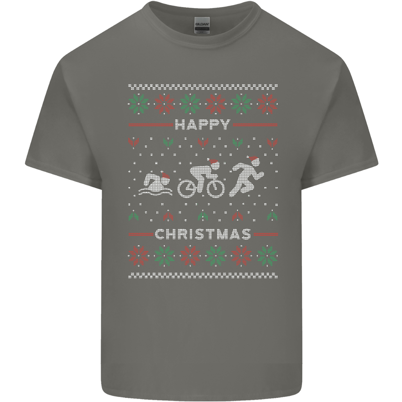 Christmas Triathlon Funny Fitness Gym Mens Cotton T-Shirt Tee Top Charcoal