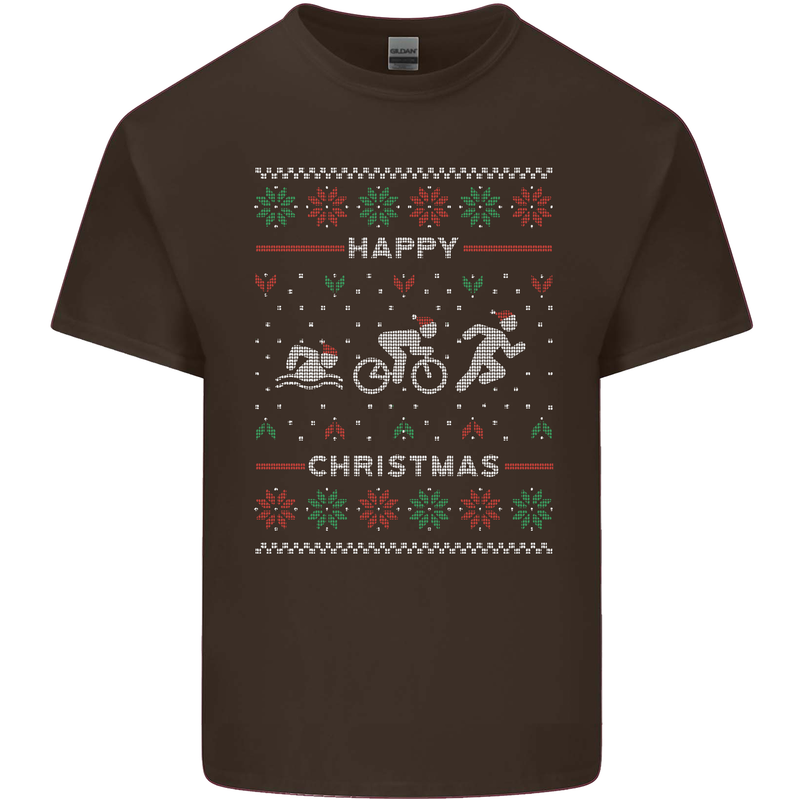 Christmas Triathlon Funny Fitness Gym Mens Cotton T-Shirt Tee Top Dark Chocolate