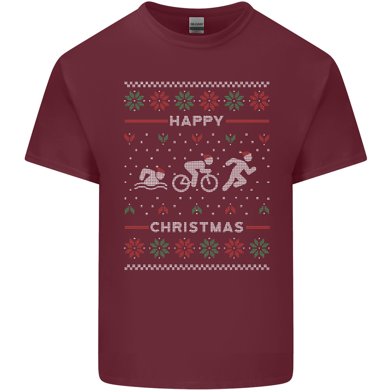 Christmas Triathlon Funny Fitness Gym Mens Cotton T-Shirt Tee Top Maroon