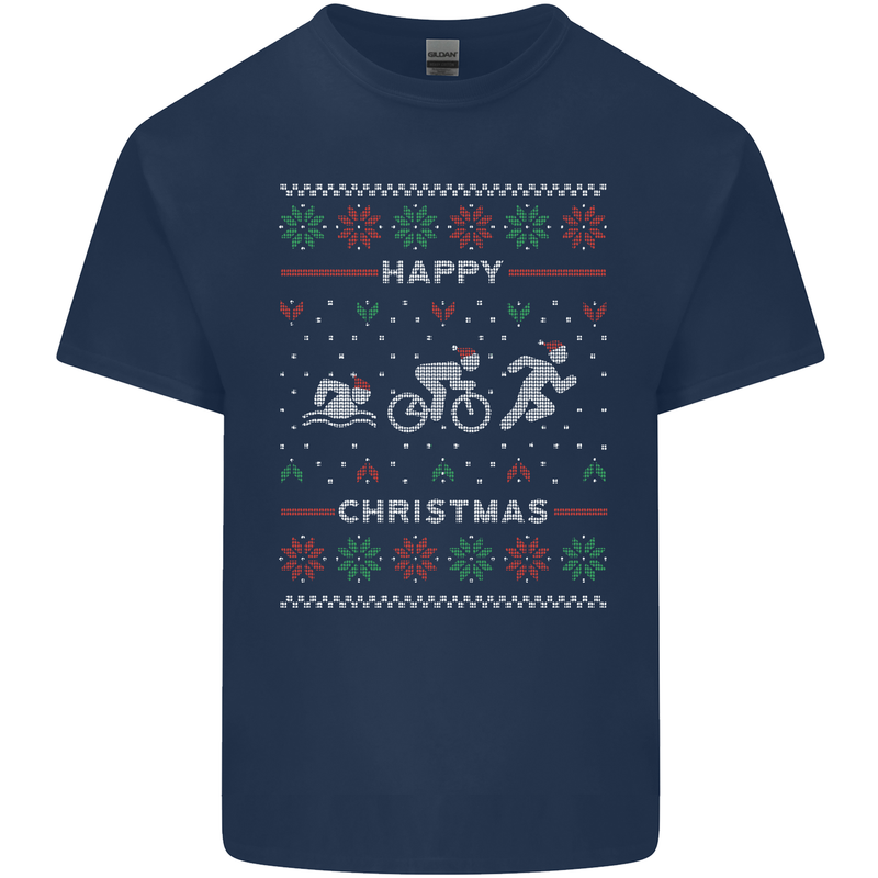 Christmas Triathlon Funny Fitness Gym Mens Cotton T-Shirt Tee Top Navy Blue