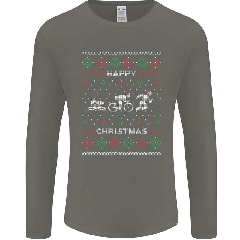Christmas Triathlon Funny Fitness Gym Mens Long Sleeve T-Shirt Charcoal