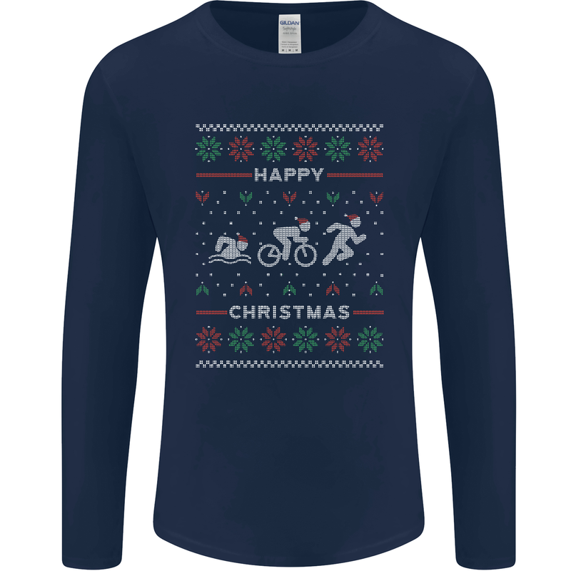 Christmas Triathlon Funny Fitness Gym Mens Long Sleeve T-Shirt Navy Blue