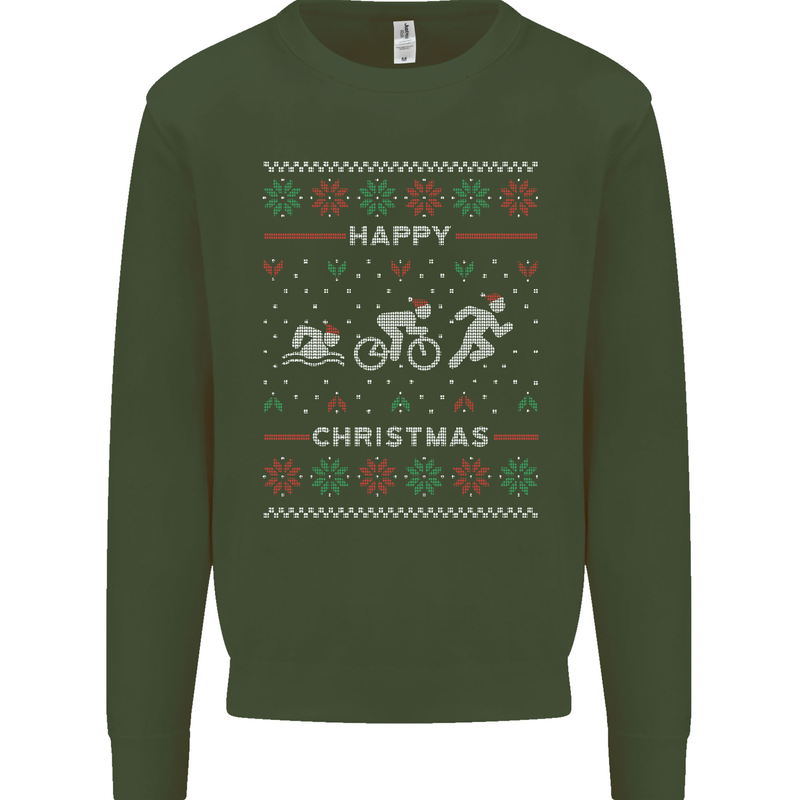 Christmas Triathlon Funny Fitness Gym Mens Sweatshirt Jumper Forest Green