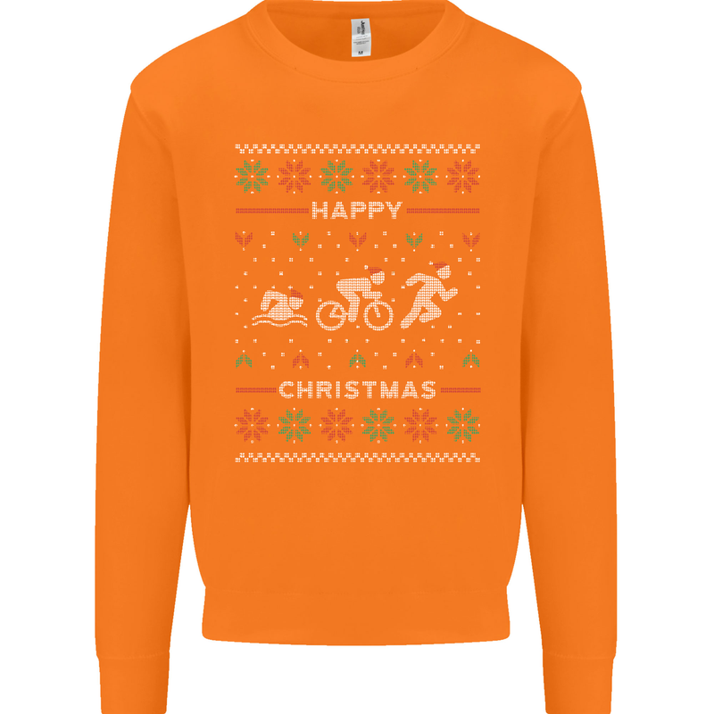 Christmas Triathlon Funny Fitness Gym Mens Sweatshirt Jumper Orange
