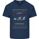 Christmas Triathlon Funny Fitness Gym Mens V-Neck Cotton T-Shirt Navy Blue