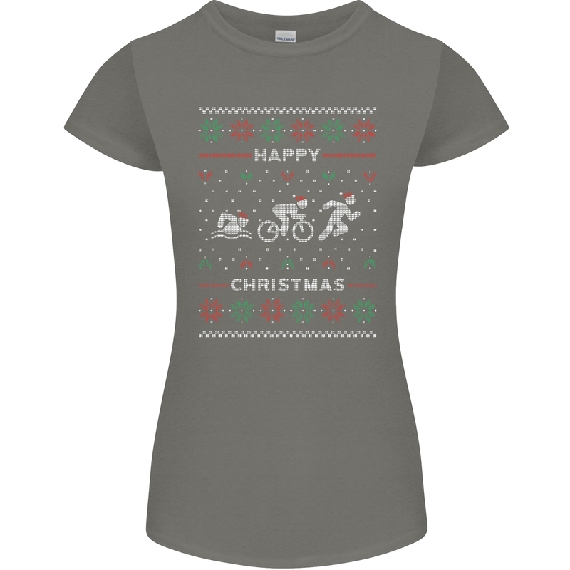 Christmas Triathlon Funny Fitness Gym Womens Petite Cut T-Shirt Charcoal