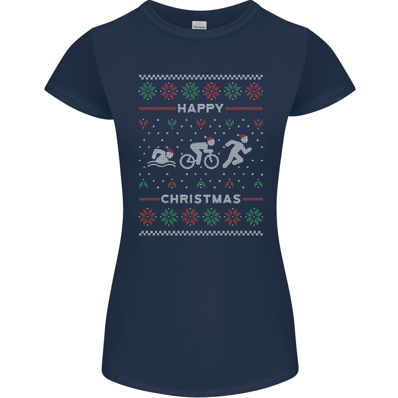 Christmas Triathlon Funny Fitness Gym Womens Petite Cut T-Shirt Navy Blue