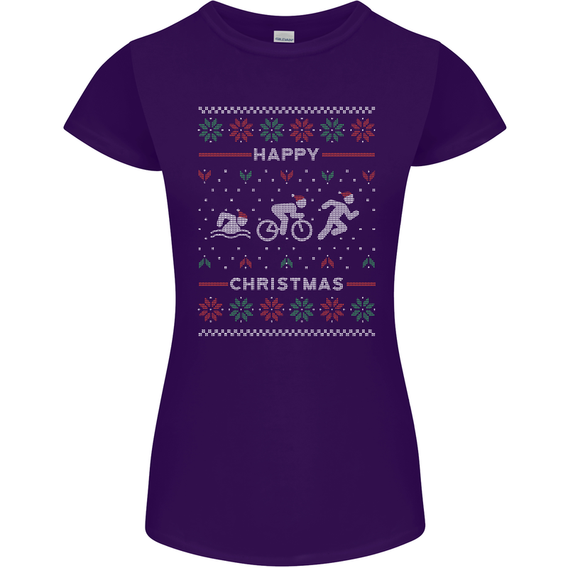 Christmas Triathlon Funny Fitness Gym Womens Petite Cut T-Shirt Purple