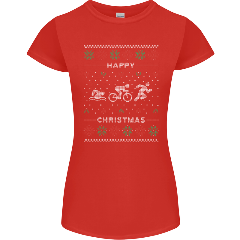 Christmas Triathlon Funny Fitness Gym Womens Petite Cut T-Shirt Red