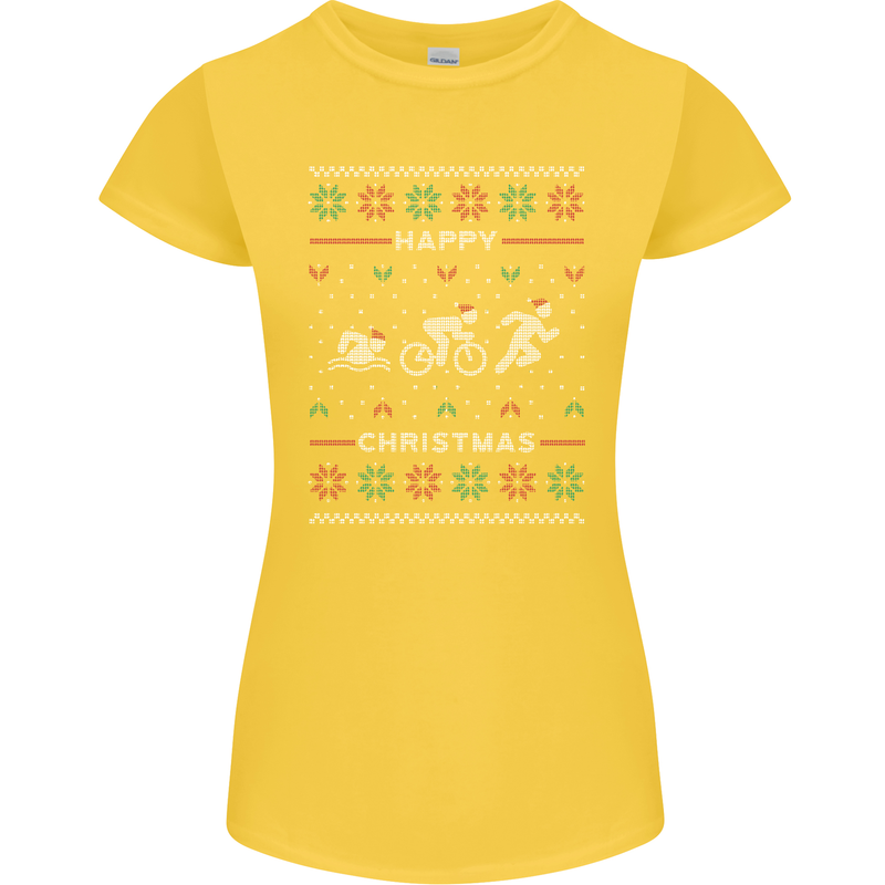 Christmas Triathlon Funny Fitness Gym Womens Petite Cut T-Shirt Yellow