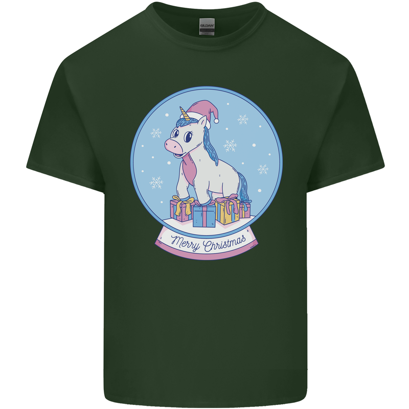 Christmas Unicorn Snow Globe Mens Cotton T-Shirt Tee Top Forest Green
