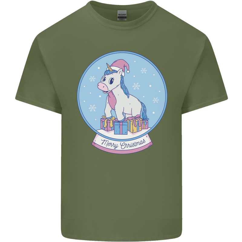 Christmas Unicorn Snow Globe Mens Cotton T-Shirt Tee Top Military Green
