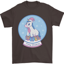 Christmas Unicorn Snow Globe Mens T-Shirt Cotton Gildan Dark Chocolate