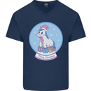 Christmas Unicorn Snow Globe Mens V-Neck Cotton T-Shirt Navy Blue
