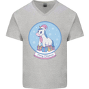 Christmas Unicorn Snow Globe Mens V-Neck Cotton T-Shirt Sports Grey