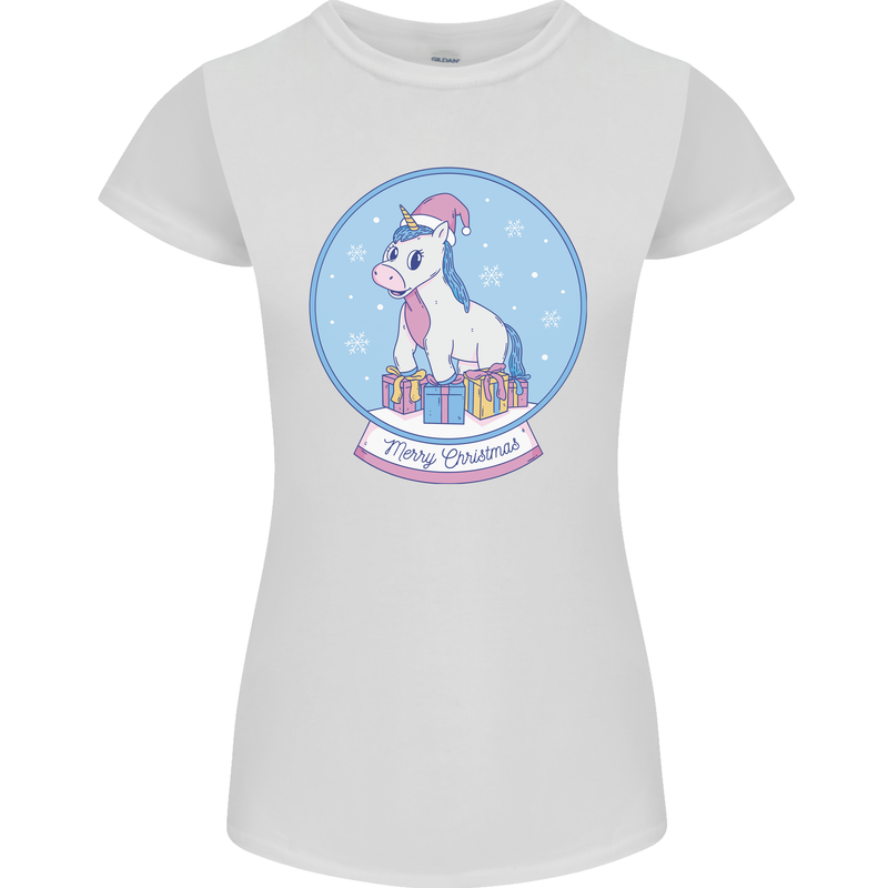 Christmas Unicorn Snow Globe Womens Petite Cut T-Shirt White