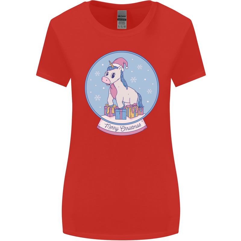 Christmas Unicorn Snow Globe Womens Wider Cut T-Shirt Red