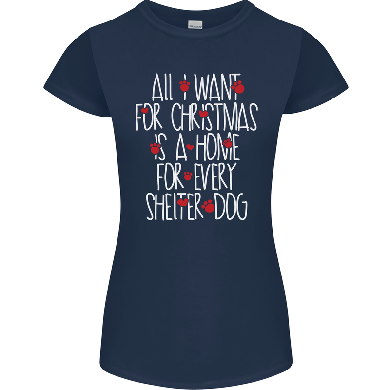 Christmas a Home for Every Shelter Dog Womens Petite Cut T-Shirt Navy Blue