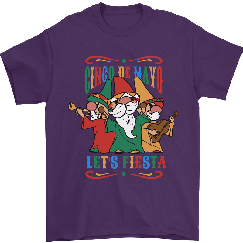 Cinco De Mayo Lets Fiesta Funny Gnomes Mens T-Shirt 100% Cotton Purple