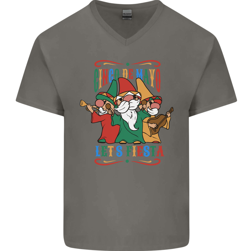 Cinco De Mayo Lets Fiesta Funny Gnomes Mens V-Neck Cotton T-Shirt Charcoal