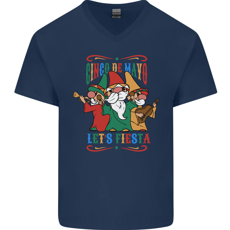 Cinco De Mayo Lets Fiesta Funny Gnomes Mens V-Neck Cotton T-Shirt Navy Blue
