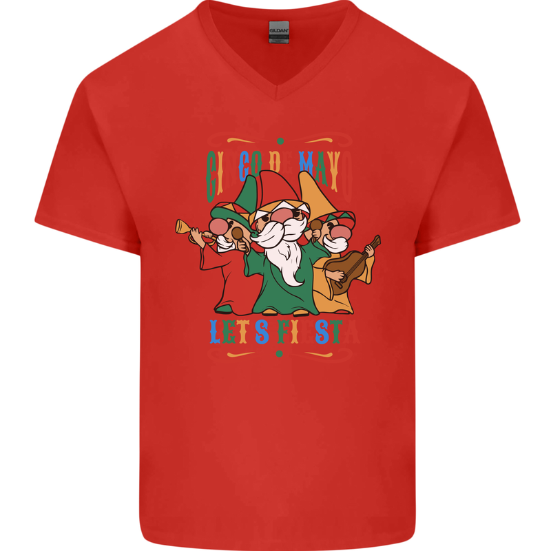 Cinco De Mayo Lets Fiesta Funny Gnomes Mens V-Neck Cotton T-Shirt Red