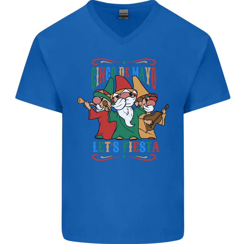 Cinco De Mayo Lets Fiesta Funny Gnomes Mens V-Neck Cotton T-Shirt Royal Blue