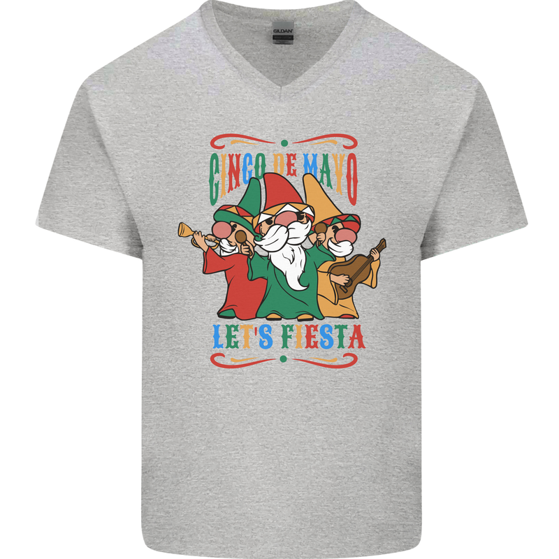 Cinco De Mayo Lets Fiesta Funny Gnomes Mens V-Neck Cotton T-Shirt Sports Grey