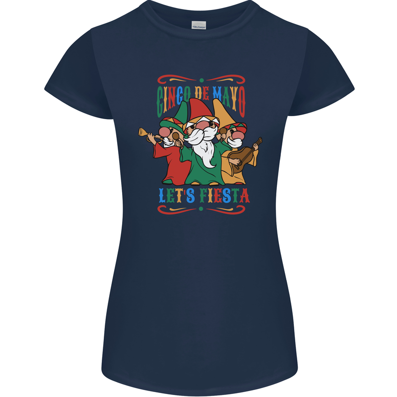 Cinco De Mayo Lets Fiesta Funny Gnomes Womens Petite Cut T-Shirt Navy Blue