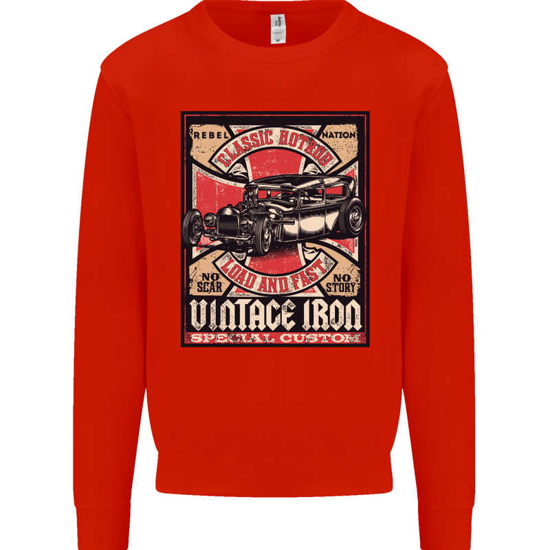 Classic Hotrod Vintage Iron Hot Rod Dragster Kids Sweatshirt Jumper Bright Red
