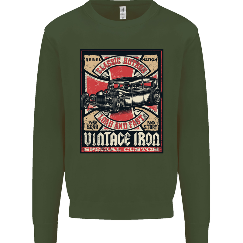 Classic Hotrod Vintage Iron Hot Rod Dragster Kids Sweatshirt Jumper Forest Green