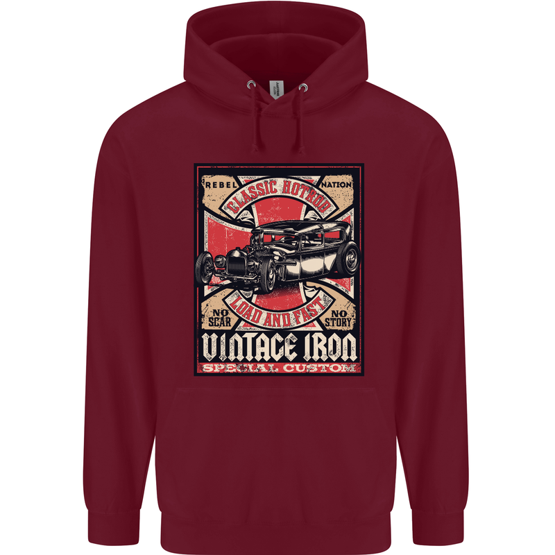 Classic Hotrod Vintage Iron Hot Rod Dragster Mens 80% Cotton Hoodie Maroon