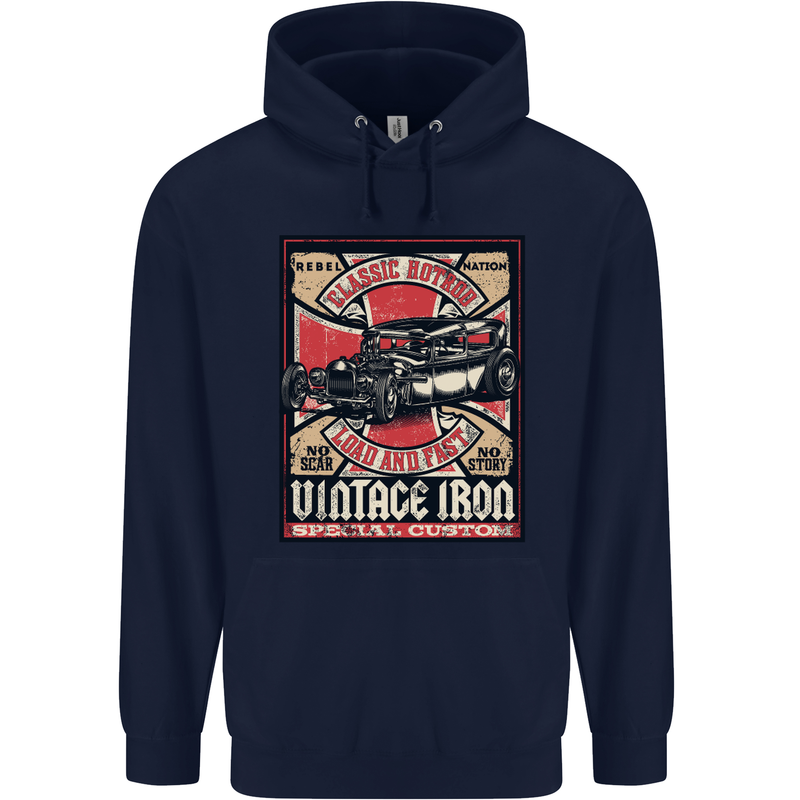 Classic Hotrod Vintage Iron Hot Rod Dragster Mens 80% Cotton Hoodie Navy Blue
