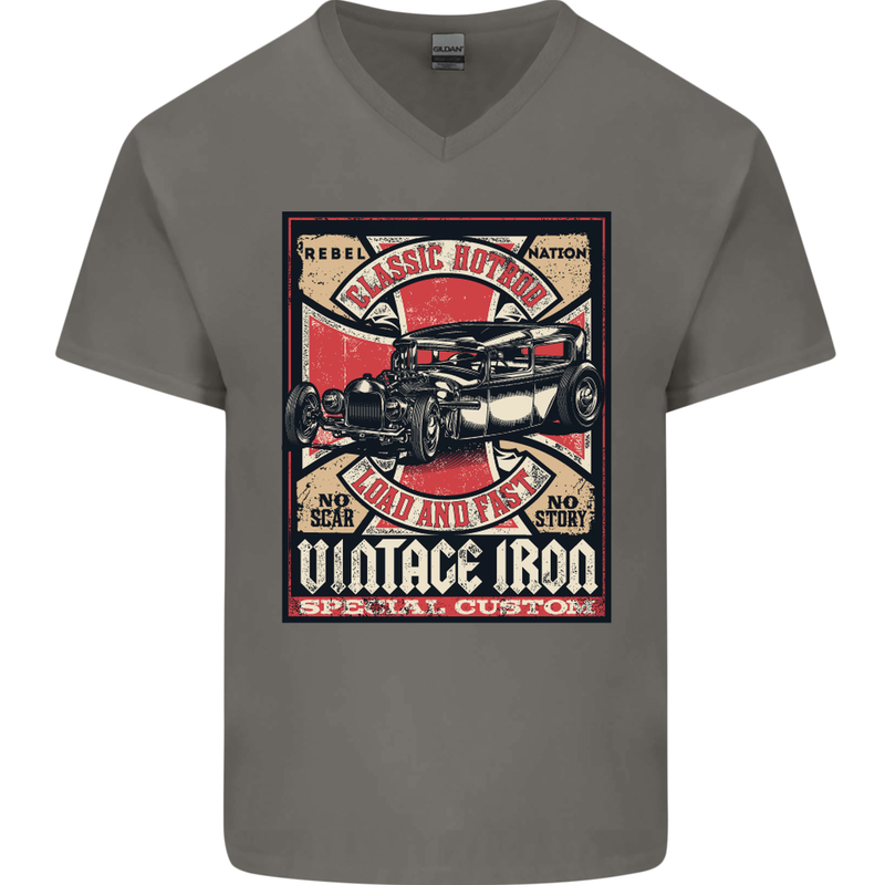 Classic Hotrod Vintage Iron Hot Rod Dragster Mens V-Neck Cotton T-Shirt Charcoal