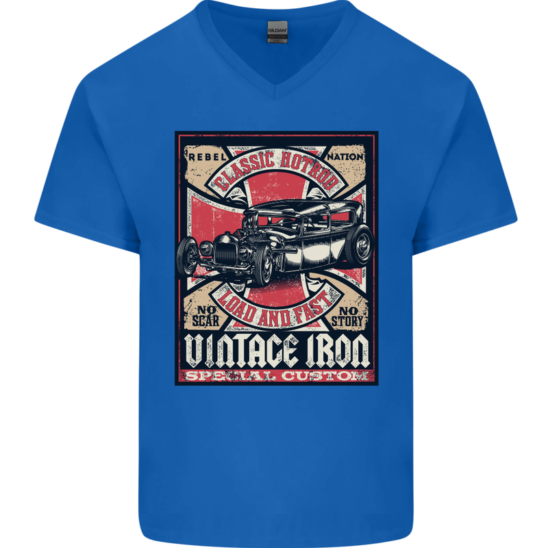 Classic Hotrod Vintage Iron Hot Rod Dragster Mens V-Neck Cotton T-Shirt Royal Blue
