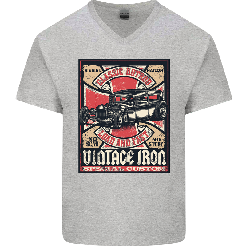 Classic Hotrod Vintage Iron Hot Rod Dragster Mens V-Neck Cotton T-Shirt Sports Grey