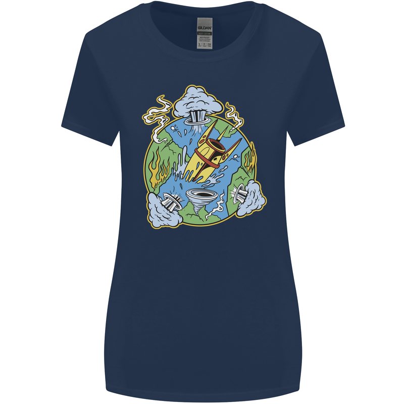 Climate Change Earth Destruction Nuclear War Womens Wider Cut T-Shirt Navy Blue